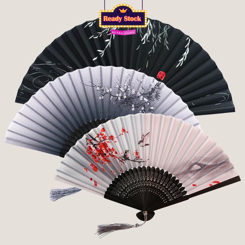 Ready stock Chinese Style Vintage Bamboo Folding Hand Held Flower Fan Chinese Dance Party Pocket