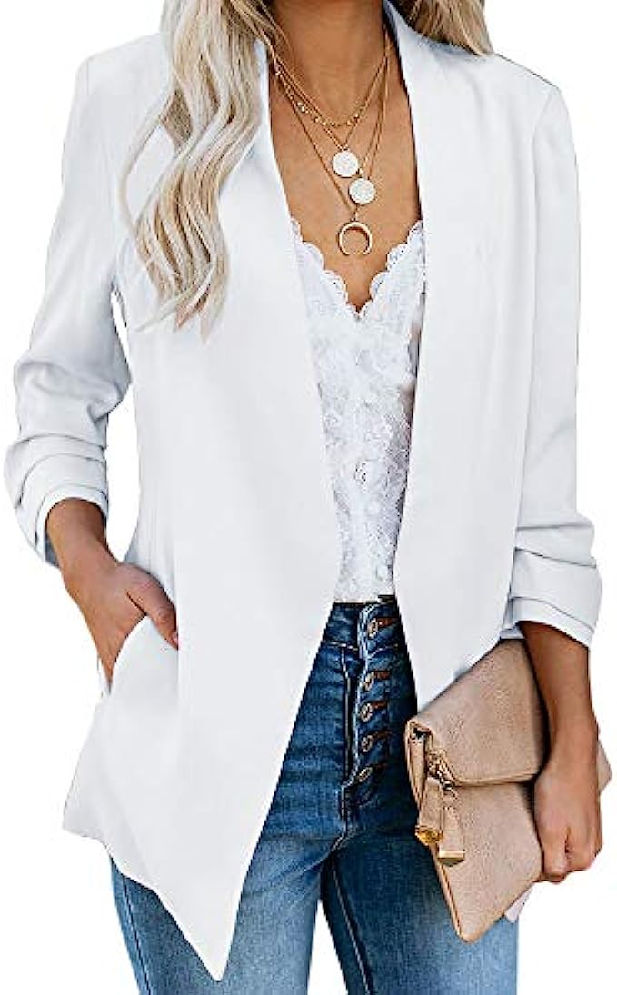 Ofenbuy Womens Casual Blazer Ruched 3/4 Sleeve Open Front Relax Fit Office Lightweight Cardigan Jacket Blazers Coats