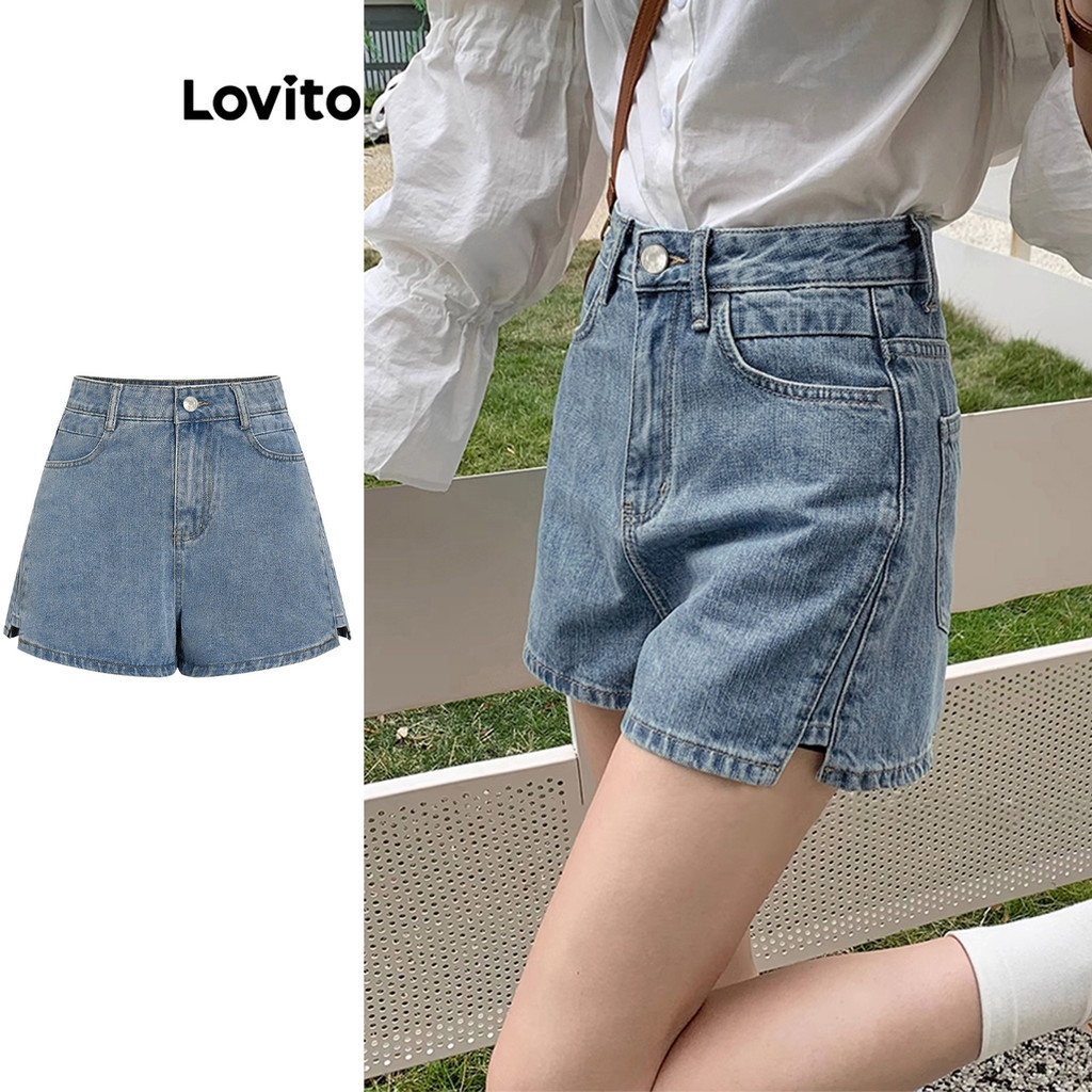 Lovito Casual Plain Split Pocket Denim Shorts for Women L68ED114 (Multi-color)