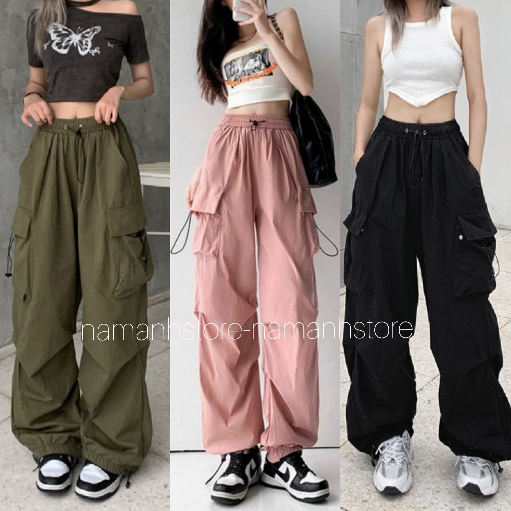 Khaki Wide Tube Drawstring Drawstring Pants Retro Style For Women Bigsize70kg MA403